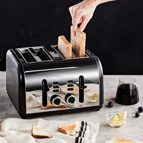  Toaster 4 Slice, CUSINAID Extra Wide Slots Black 4 Slice Toasters Stainless Steel with Reheat Defrost Cancel Function, 7-Shade Setting