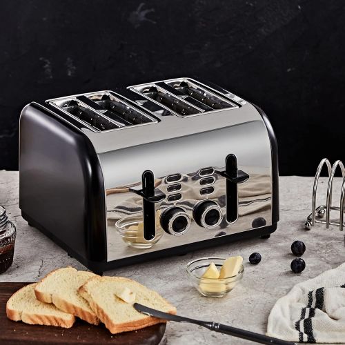  Toaster 4 Slice, CUSINAID Extra Wide Slots Black 4 Slice Toasters Stainless Steel with Reheat Defrost Cancel Function, 7-Shade Setting