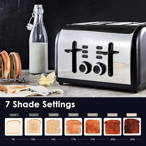  Toaster 4 Slice, CUSINAID Extra Wide Slots Black 4 Slice Toasters Stainless Steel with Reheat Defrost Cancel Function, 7-Shade Setting