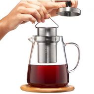 CUSINIUM Glass Teapot Kettle with Infuser - Loose Leaf Tea Pot 32oz - Stovetop Safe Clear Tea Maker - Tea Pot Strainer for Blooming, Flowering, Loose tea - Sleeve for Warmer Tea, Coaster &