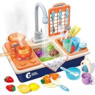 CUTE STONE Pretend Play Kitchen Sink Toys with Play Cooking Stove, Pot and Pan with Spray Realistic Light and Sound, Dish Rack & Play Cutting Food, Utensils Tableware Accessories for Kids Toddlers