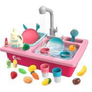 CUTE STONE Color Changing Play Kitchen Sink Toys, Children Electric Dishwasher Playing Toy with Running Water,Upgraded Real Faucet and Play Dishes,Pretend Play Kitchen Toys for Kids Boys Girls