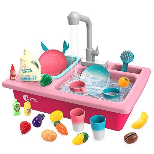  CUTE STONE Play Kitchen Sink Toys,Electric Dishwasher Playing Toy with Running Water,Upgraded Automatic Faucets and Color Changing Accessories, Role Play Sink Set Gifts for Kids Bo