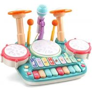 CUTE STONE 5 in 1 Musical Instruments Toys,Kids Electronic Piano Keyboard Xylophone Drum Toys Set with Light, 2 Microphone, Learning Toys Gift for Learning Gift for Baby Infant Tod