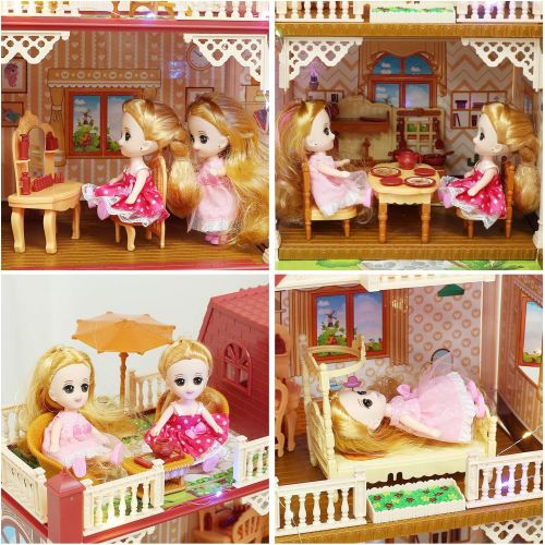  CUTE STONE 5 Rooms Huge Dollhouse with 2 Dolls and Colorful Light, 26 x 23 x 20 Doll House Gift for Girls