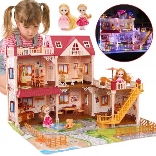  CUTE STONE 5 Rooms Huge Dollhouse with 2 Dolls and Colorful Light, 26 x 23 x 20 Doll House Gift for Girls