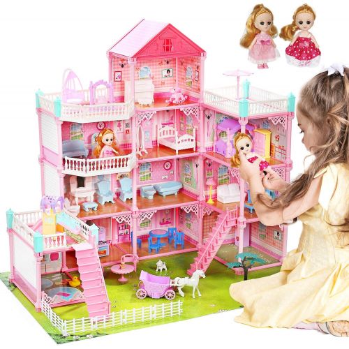  CUTE STONE 11 Rooms Huge Dollhouse with 2 Dolls and Colorful Light, 31 x 28 x 27 Doll House Gift for Girls