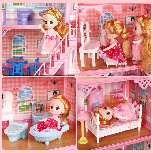  CUTE STONE 11 Rooms Huge Dollhouse with 2 Dolls and Colorful Light, 31 x 28 x 27 Doll House Gift for Girls