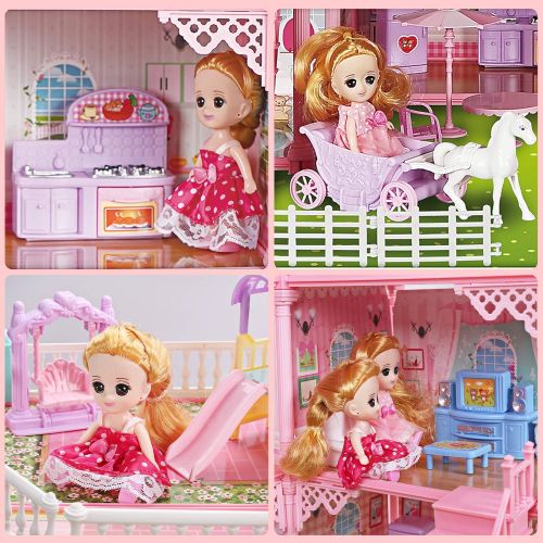  CUTE STONE 11 Rooms Huge Dollhouse with 2 Dolls and Colorful Light, 31 x 28 x 27 Doll House Gift for Girls