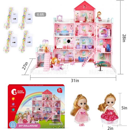  CUTE STONE 11 Rooms Huge Dollhouse with 2 Dolls and Colorful Light, 31 x 28 x 27 Doll House Gift for Girls