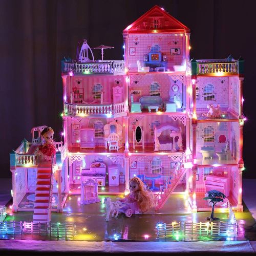  CUTE STONE 11 Rooms Huge Dollhouse with 2 Dolls and Colorful Light, 31 x 28 x 27 Doll House Gift for Girls