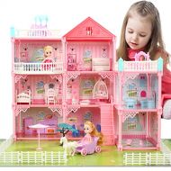 CUTE STONE Dollhouse, Doll House with Flashing Lights, Pretend Play Toddler Dollhouse Sets with 2 Dolls, Furniture, 8 Rooms and Doll Accessories, Creative Gift for Girls, L32 xH23