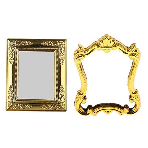  CUTICATE 2pcs Victorian 1/12 Scale Wall Mirror Rahmen with Golden Frame Crafts for Dollhouse Any Rooms Decor, Realistic Miniature Model