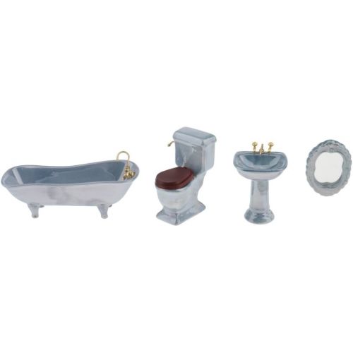  CUTICATE Dollhouse Miniature Ceramic Bathroom Set 1:12 Scale Model, Including Bathtub, Toilet, Basin and Mirror (4PCS), Dollhouse Decorations Kit