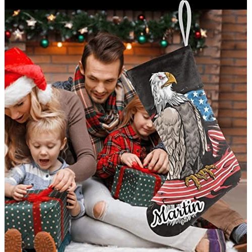  CUXWEOT Personalized Eagle American Flag Christmas Stocking Customize Name Decor for Xmas Tree Fireplace Hanging Party 17.52 x 7.87 Inch