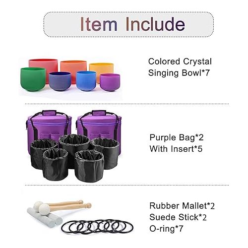  Set Of 7 PCS 6-12 Inch Colored Frosted Chakra Quartz Crystal Singing Bowls Sound Healing Instrument Free 2 PCS Travel Carry Case Bag For Meditation