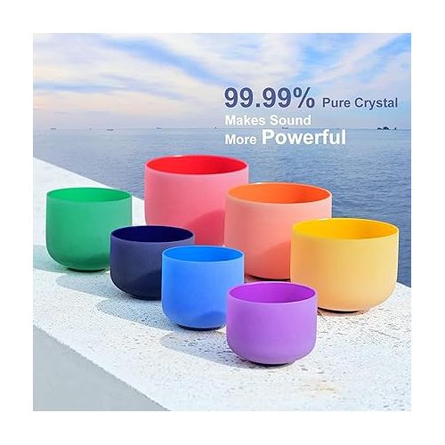  Set Of 7 PCS 6-12 Inch Colored Frosted Chakra Quartz Crystal Singing Bowls Sound Healing Instrument Free 2 PCS Travel Carry Case Bag For Meditation