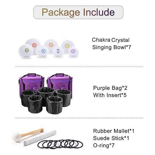  8-14 Inch Chakra Symbol Design Frosted Quartz Crystal Singing Bowls Free 2 PCS Travel Carry Case Bag