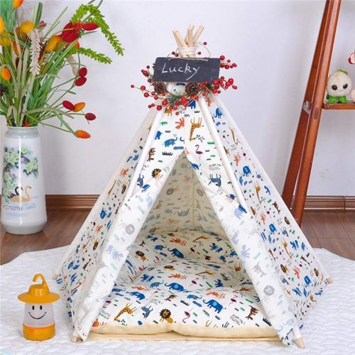  CWMJH Cotton Washable Canvas Household Tent Conical Tent Nest Cat Rabbit Animal Dog Bed with Cushion Small Blackboard Home Decoration Pet Supplies