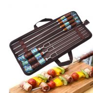 CXUKUN Outdoor BBQ Roasted Pin Fork Barbecue Stainless Steel U Shape Wooden Handle Picnic 7 Piece Set Reusable BBQ Sticks BBQ Pin Fork Picnic Tools