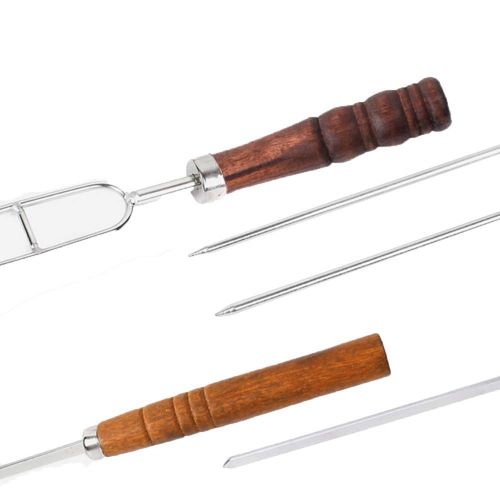  CXUKUN Outdoor BBQ Roasted Pin Fork Barbecue Stainless Steel U Shape Wooden Handle Picnic 7 Piece Set Reusable BBQ Sticks BBQ Pin Fork Picnic Tools