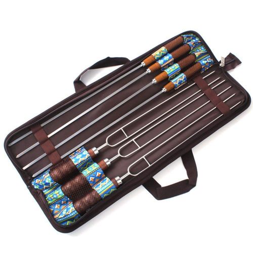  CXUKUN Outdoor BBQ Roasted Pin Fork Barbecue Stainless Steel U Shape Wooden Handle Picnic 7 Piece Set Reusable BBQ Sticks BBQ Pin Fork Picnic Tools