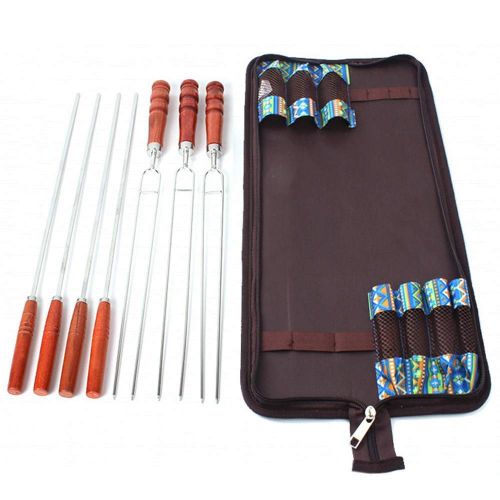  CXUKUN Outdoor BBQ Roasted Pin Fork Barbecue Stainless Steel U Shape Wooden Handle Picnic 7 Piece Set Reusable BBQ Sticks BBQ Pin Fork Picnic Tools