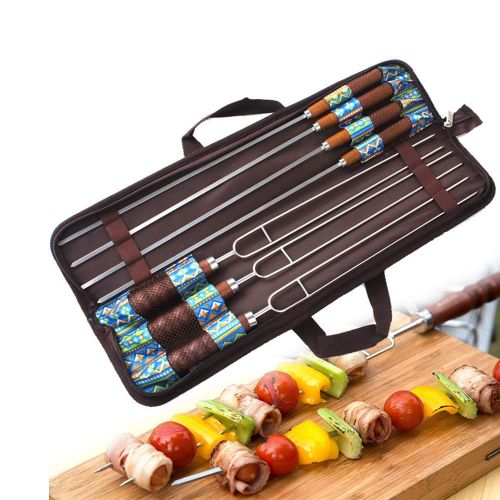  CXUKUN Outdoor BBQ Roasted Pin Fork Barbecue Stainless Steel U Shape Wooden Handle Picnic 7 Piece Set Reusable BBQ Sticks BBQ Pin Fork Picnic Tools