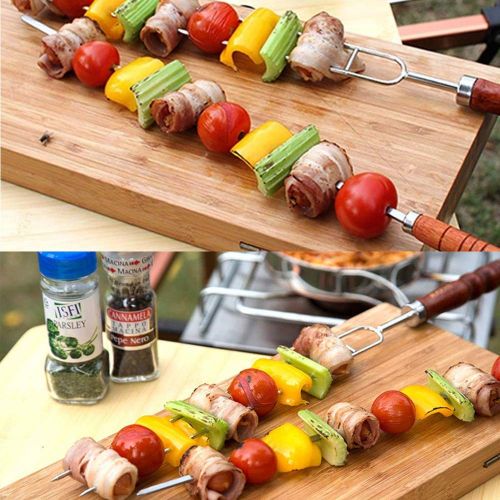  CXUKUN Outdoor BBQ Roasted Pin Fork Barbecue Stainless Steel U Shape Wooden Handle Picnic 7 Piece Set Reusable BBQ Sticks BBQ Pin Fork Picnic Tools