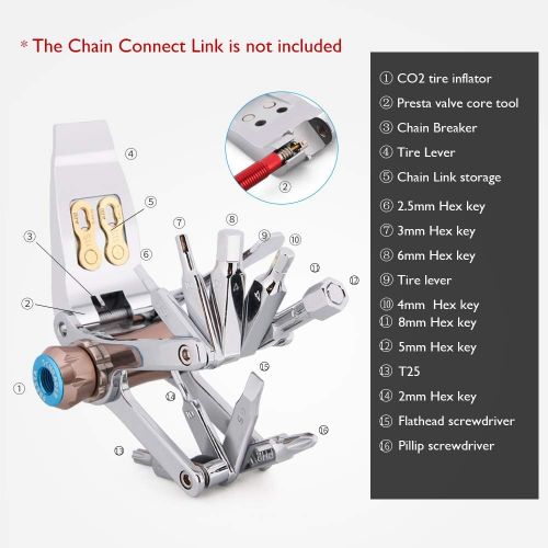  CXWXC Bike Tool Mini 16 in 1 Multi-Tool - Chain Tool/Torx/Hex/Screwdriver Bicycle Multitool Kit - Cycling Mechanic Repair Tools with CO2 Inflator For Road and Mountain Bikes