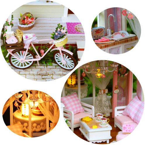  CYL Luxury Villa DIY Model Wooden Dollhouse Furniture Kit with LED Birthday Gift for Boyfriend Girlfriend Toys (Bicycle Angel)