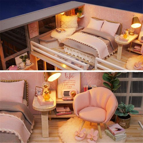  CYL Modern Loft DIY House Model Miniature Dollhouse Kit Wooden Doll House with LED Birthday Gifts (Girlish Dream)