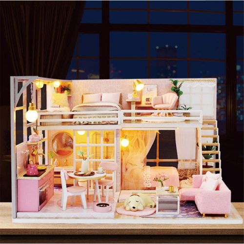  CYL Modern Loft DIY House Model Miniature Dollhouse Kit Wooden Doll House with LED Birthday Gifts (Girlish Dream)