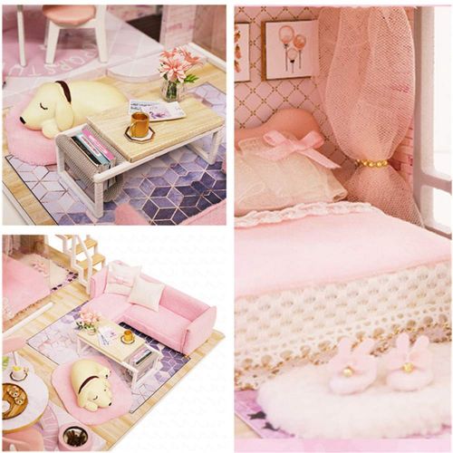  CYL Modern Loft DIY House Model Miniature Dollhouse Kit Wooden Doll House with LED Birthday Gifts (Girlish Dream)