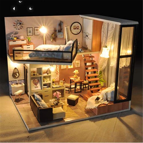  CYL DIY Wooden Dollhouse Miniature Loft Model House Kit Doll House Furniture Kits with LED Best Gifts for Friends (Dream Loft)