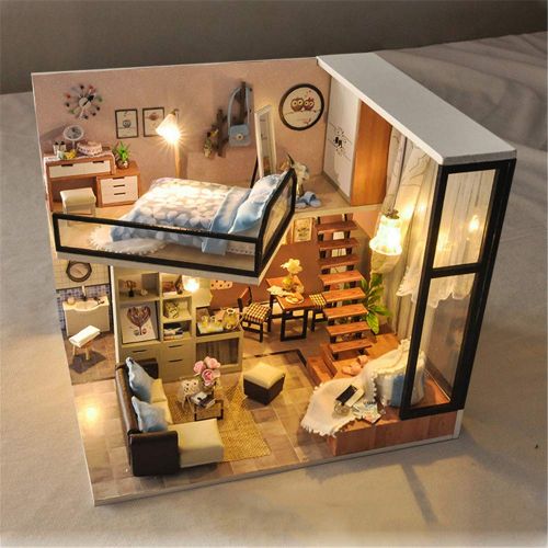  CYL DIY Wooden Dollhouse Miniature Loft Model House Kit Doll House Furniture Kits with LED Best Gifts for Friends (Dream Loft)