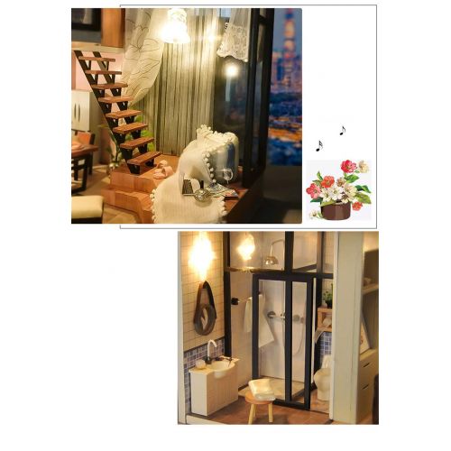  CYL DIY Wooden Dollhouse Miniature Loft Model House Kit Doll House Furniture Kits with LED Best Gifts for Friends (Dream Loft)