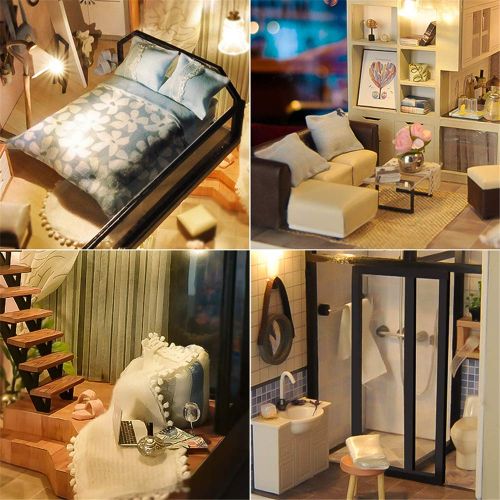  CYL DIY Wooden Dollhouse Miniature Loft Model House Kit Doll House Furniture Kits with LED Best Gifts for Friends (Dream Loft)