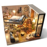CYL DIY Wooden Dollhouse Miniature Loft Model House Kit Doll House Furniture Kits with LED Best Gifts for Friends (Mediterranean)