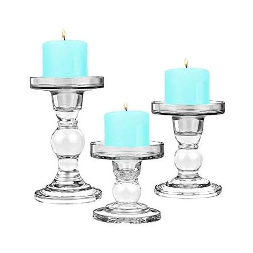  CYS EXCEL Glass Candle Holders for 3 Pillar Candle and 3/4 Taper Candle, Wedding decoration, Candlestick Set of 3, H-3.5, 4.5 and 5.5 with 3.25 Diameter