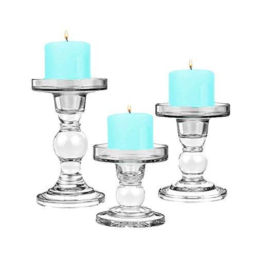  CYS EXCEL Glass Candle Holders for 3 Pillar Candle and 3/4 Taper Candle, Wedding decoration, Candlestick Set of 3, H-3.5, 4.5 and 5.5 with 3.25 Diameter