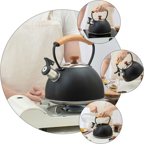  Cabilock Whistling Tea Kettle for Stove Top Stainless Steel Teapot with Wood Handle Campaing Tea Serving Kettle Whistling Spout Locking Spout Cover (Black)