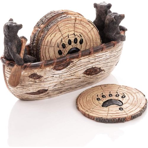  Cabin Obsession Bear Coasters Set ? 6 Full Size Rustic Coasters in Handmade Canoe with Adorable Black Bear Figurines Black Bear Decor, Log Cabin Decor, Cabin Decorations, Rustic Lodge Decor for Th