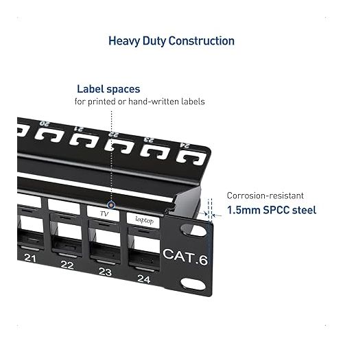  Cable Matters Rackmount or Wall Mount 1U 24 Port Keystone Patch Panel with Cable Management and Support Bar (19-inch Blank Patch Panel for Keystone Jacks/Keystone Panel)