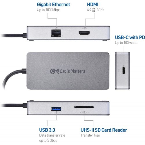  Cable Matters USB C Multiport Adapter (USB C Dock with USB C to HDMI 4K), UHS-II Card Reader, USB 3.0, Gigabit Ethernet & 100W PD - USB-C & Thunderbolt 3 Port Compatible for MacBoo