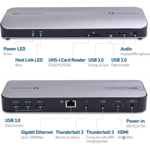 [Certified] Cable Matters Aluminum Thunderbolt 3 Dock (Thunderbolt 3 Docking Station) wHDMI 2.0 & 60W Power Delivery for Windows & Mac (Not Compatible with USB-C Ports Without The