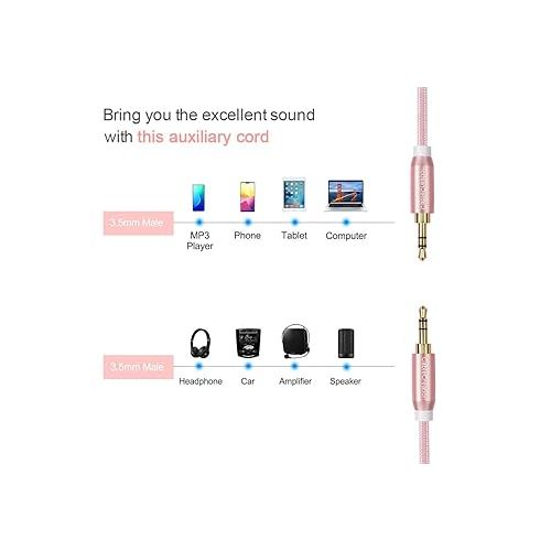  CableCreation 6ft 3.5mm Braided Audio Cable, 3.5mm Male to Male Stereo Aux Cable Premium Metal, Compatible with Smartphones, Tablets, MP3 Player, Rose Gold