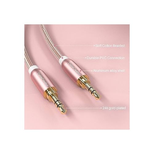  CableCreation 6ft 3.5mm Braided Audio Cable, 3.5mm Male to Male Stereo Aux Cable Premium Metal, Compatible with Smartphones, Tablets, MP3 Player, Rose Gold