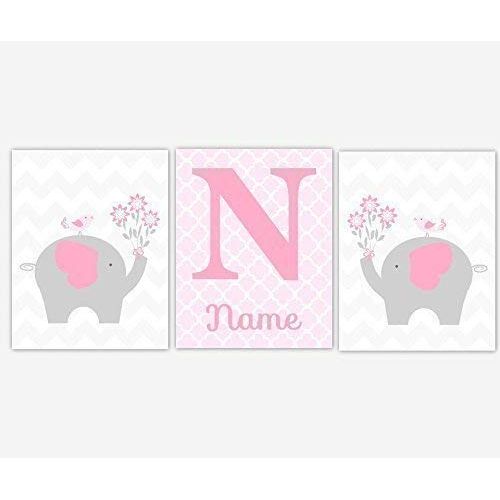  CadenRossCanvas CANVAS Baby Girl Nursery Wall Art Pink Gray Elephant Safari Jungle Zoo Animals Personalize Name Baby Nursery Decor Prints