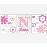 CadenRossCanvas CANVAS Baby Girl Nursery Wall Art Pink Gray Flowers Floral Flourish Whimsical Personalized Name Toddler Tween Bedroom Prints